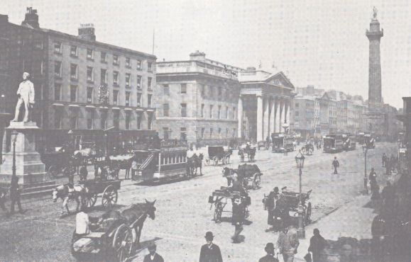 the GPO is the elegant columned building; Nelson's Pillar to the right